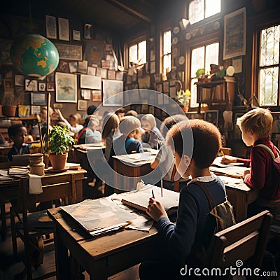 Inside a bustling classroom with desks neatly arranged. Stock Photo