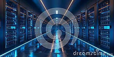 Inside a bustling data center: rack servers, supercomputers, and cloud storage visualization icons. Stock Photo