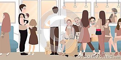 Inside busy train full of passenger commuter standing and sitting people Vector Illustration