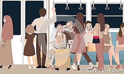 Inside busy train full of passenger commuter standing and sitting people Vector Illustration