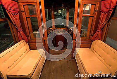 Inside cabin of driver in retro tramway, without passengers old vehicle staying on rail road in capital city Editorial Stock Photo
