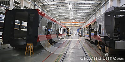 Inside the carriage assembly plant. Production workshop for the production of high-speed trains Editorial Stock Photo