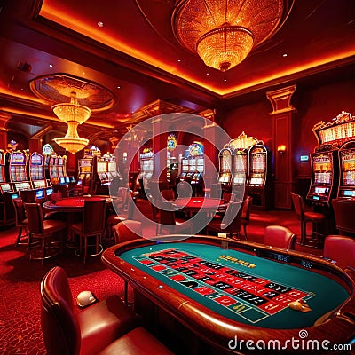 Inside casino interior, bright long exposure, glowing lights Stock Photo
