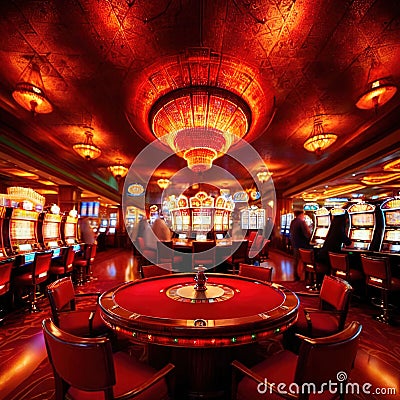 Inside casino interior, bright long exposure, glowing lights Stock Photo