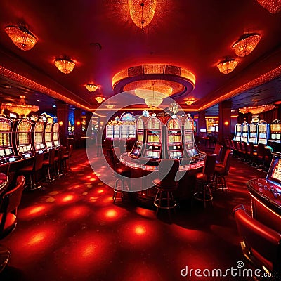 Inside casino interior, bright long exposure, glowing lights Stock Photo