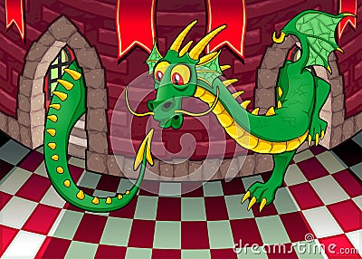 Inside the castle with dragon. Vector Illustration