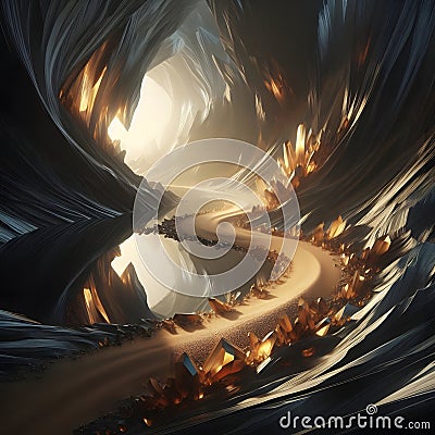 Inside cave made of marble, gold, quartz with water reflection Stock Photo