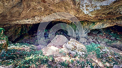 Inside of a cave in the mountain. Stock Photo