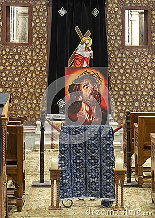 Inside of the Cavern Church known as Abu Serga in Coptic Christian Cairo, Egypt. Editorial Stock Photo