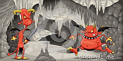 Inside the cavern with funny devils. Vector Illustration