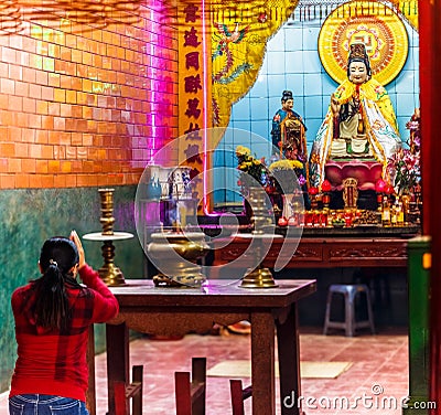 Inside a Chinese temple in Downtown of Cantho city, Vietnam. Editorial Stock Photo