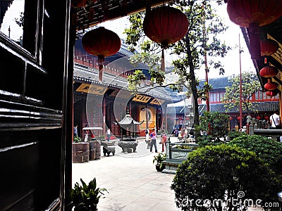 Inside a Chinese temple, hanging red lanterns and religion Editorial Stock Photo