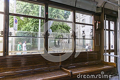 Inside classic tram in Milan, Italy Editorial Stock Photo