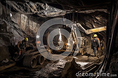 inside a coal mine, with miners using and drilling equipment to extract the resource Stock Photo
