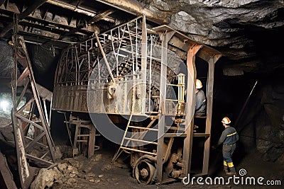 inside a coal mine, with miners using and drilling equipment to extract the resource Stock Photo