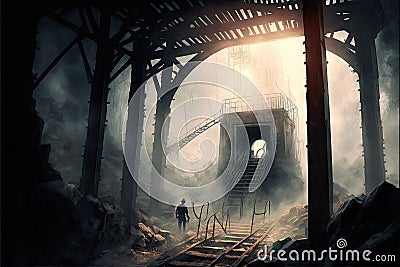 Inside of the coal mine shaft with fog, mining industry Stock Photo