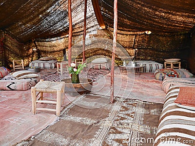 Inside of colorful Bedouin tent in Marrakech, Morocco. Stock Photo