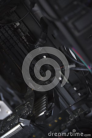 Inside the computer case. Processor radiator and RAM Stock Photo