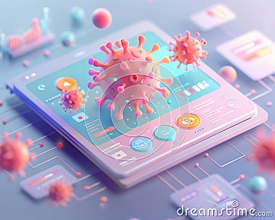Inside a computer's circuitry, a visual representation of a virus and spam engulfing the system Cartoon Illustration