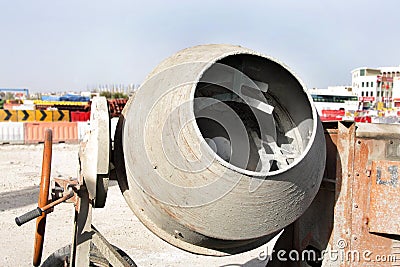 Inside the container of portable concrete mixer Stock Photo