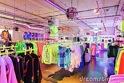 Inside of Cyberdog shop in Camden Town market. Trance music and cyber clothing retail chain, Editorial Stock Photo