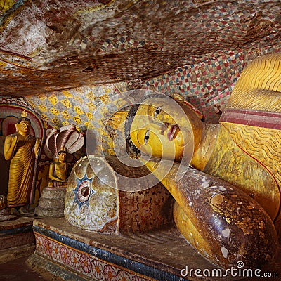 Inside of Dambulla cave temple. Various statues of Buddha Editorial Stock Photo