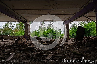 inside a destroyed school in Ukraine Stock Photo