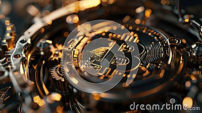 Inside a digital, minimalist clockwork mechanism, a Bitcoin serves as the central cog in a surreal, fantastical machinery. The Stock Photo