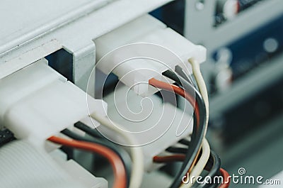 inside electronic device, power supply cable attach to the external hard drive Stock Photo