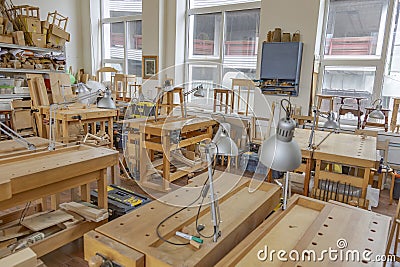Inside an empty workshop of a small carpentry factory Editorial Stock Photo