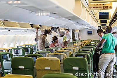 Inside of Ethiopian airlines aircraft with passengers boarding Editorial Stock Photo