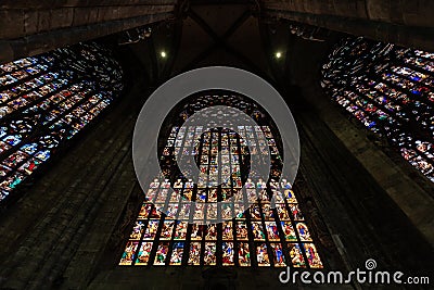 Milan Cathedral colorful vintage stained glass windows Editorial Stock Photo