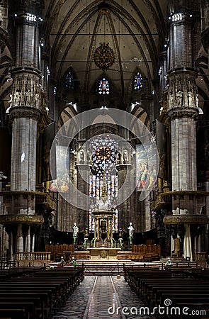 Inside famous Milan Cathedral or Duomo di Milano. It is great Catholic church, top landmark of Milan Editorial Stock Photo