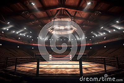 Inside the Fight Cage: Sporting Arena with Enthusiastic Fans and Radiant Spotlights. AI Stock Photo