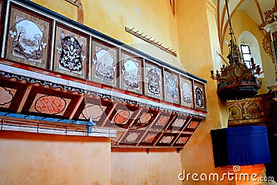 Inside the fortified medieval saxon evangelic church in the village Cloasterf Klosderf, Klosdorf, Nickelsdorf, Tra Editorial Stock Photo