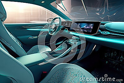 Inside futuristic car. Neon auto, modern interior and road grid. Driverless vehicle on night traffic background Stock Photo