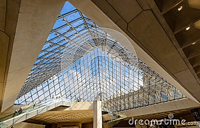 Inside the glass pyramid of the Louvre Museum Editorial Stock Photo