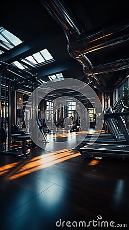 Inside the gym, a wide array of fitness equipment awaits enthusiastic users Stock Photo