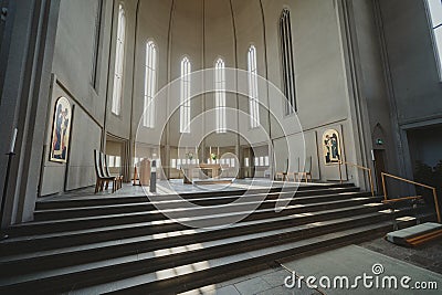 Inside the HallgrÃ­mskirkja Church, a Lutheran Church famous for its basalt column Editorial Stock Photo