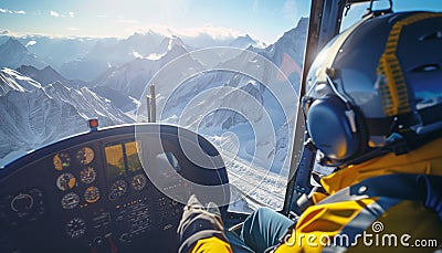 Inside helicopter photo of pilot in Rotorcraft cockpit flying over high altitude valleys mountains, glaciers and over 7000m peaks Stock Photo