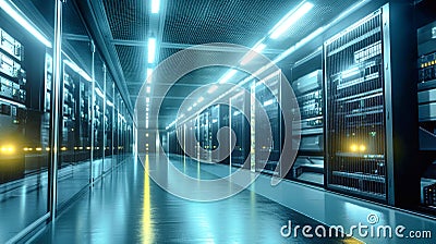 Inside a high-tech data center, rows of sleek servers light up the room, humming softly as they handle vast amounts of data with Stock Photo