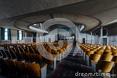 Historic Two Tier Theater, Curved Balcony & Curtain - Abandoned Theater Stock Photo