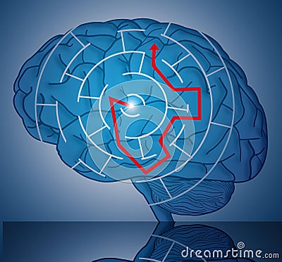 Inside a human brain an arrow indicates problem solving to find a path through a maze Cartoon Illustration