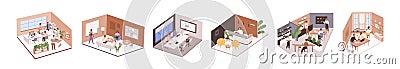 Inside isometric office interiors. People work in business rooms, workplaces, boardroom, kitchen, at coworking areas Vector Illustration