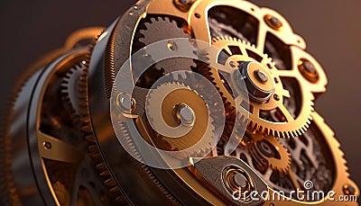 Inside mechanism, abstract clockwork with working gears. Close-up, detailed. Generative AI Stock Photo