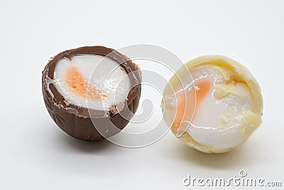 Inside of a milk and white chololate creme egg Stock Photo