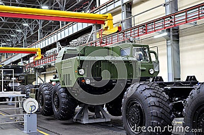 Inside of the Minsk Wheel Tractor Plant. Industrial workshop for the production of military trucks. Factory of the Stock Photo