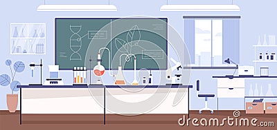 Inside modern scientific chemical laboratory or chemistry classroom interior. Microscope, glass tubes, flaks and other Vector Illustration