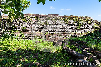 Inside Nan Madol walls, masonry stonework of large basalt slabs. Pohnpei, Micronesia, Oceania. Stock Photo