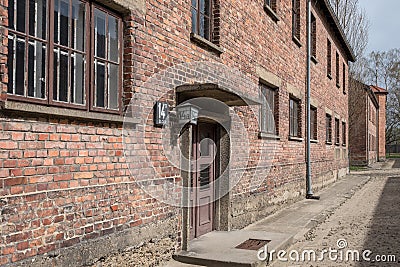 Inside the Nazi Concentration Camp of Auschwitz 1 showing the barrack buildings where prisoners lived in appalling conditions Editorial Stock Photo